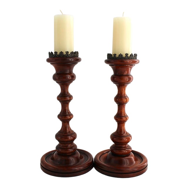 Pair of Large Turned Wood Candlesticks by Theodore Alexander, 17.5" Tall For Sale