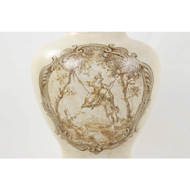 Traditional Vintage Temple Jar Lamp With White Crackle Glaze and Reimagined "The Swing" by Fragonard For Sale - Image 3 of 10