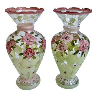 Vintage Pair of Dorothy Parker Hand Painted Diamond Floral Glass Bud Vases For Sale