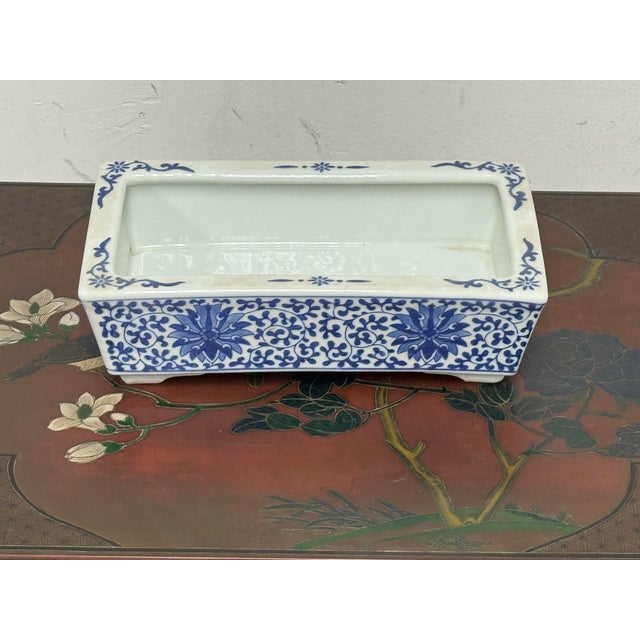 Blue Blue + White Floral Ceramic Rectangular Planter, Vintage For Sale - Image 8 of 12