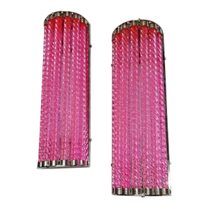 Pair Vintage Art Deco Wall Sconces in Nickel Brass & Ruby Ribbed Glass Rod Ship Light