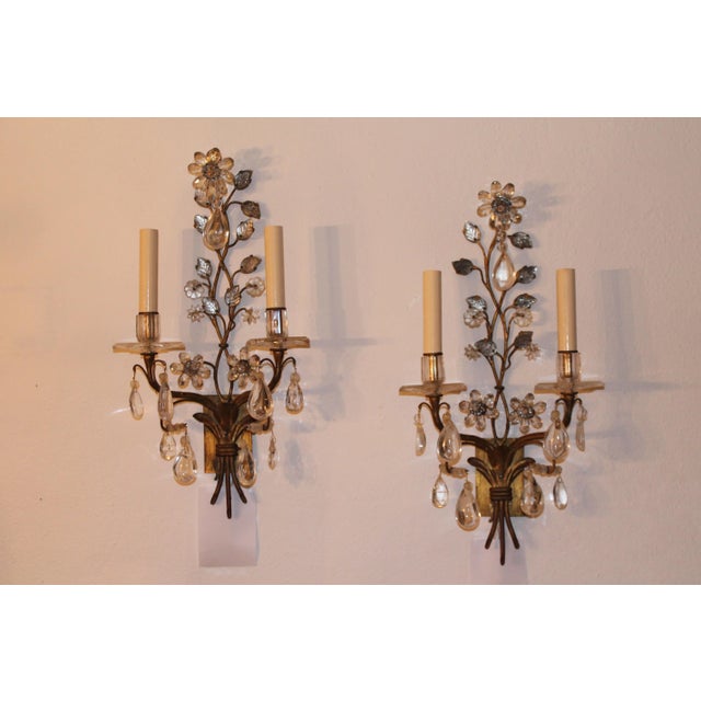 French Exceptional Maison Bagues France Rock Crystal Floral Two-Light Wall Sconces a - Pair For Sale - Image 3 of 11