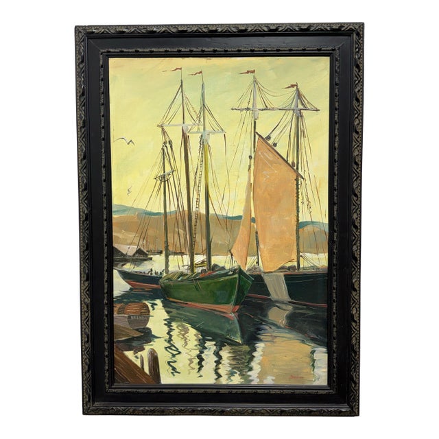 Taylor Oil Painting of Harbor Boats, Signed For Sale