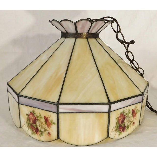 Vintage C1970s Signed Yellow Caramel & Purple Lilac Swirl Slag Glass Floral Pendant Light Chandelier For Sale - Image 12 of 12