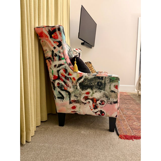 Textile 1990s High-Back Wingback Loveseat Upholstered in Street Diptyque Attributed to La Maison Pierre Frey For Sale - Image 7 of 7