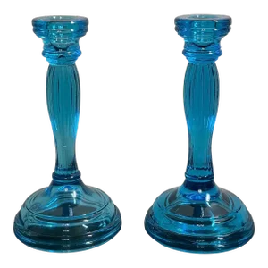 Pair Antique Pressed Glass Candlesticks Ocean Blue