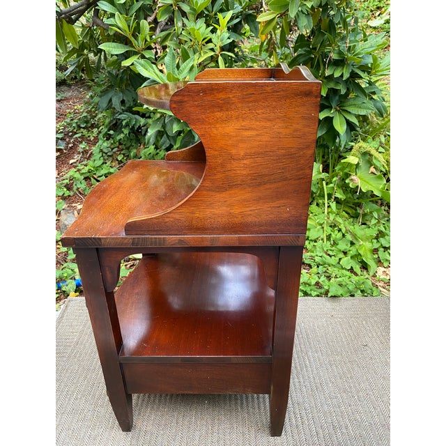 Vintage mahogany nightstands tiered for lamp on upper level extra space on lower level with drawer for storage. tapered legs