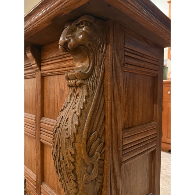 Brown Pulaski Oak Bar With Brass Top and Foot Rail, Griffin Carvings, Plus Custom Inset Oak Doors, Attributed For Sale - Image 8 of 12