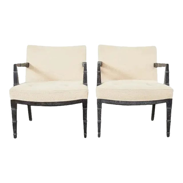 Pair of Modern Cerused Oak Faux Bamboo Bouclé Armchairs For Sale