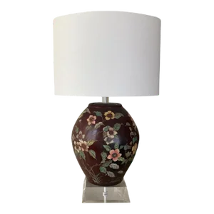1970s Large Richard Lindley Japanese Oxblood Carved Floral Ceramic Lamp on Lucite Base