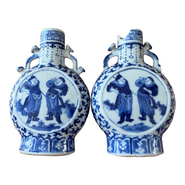Late 19th Century Qing Dynasty Chinese Blue & White Porcelain Miniature Moon Flask Vases - Pair For Sale