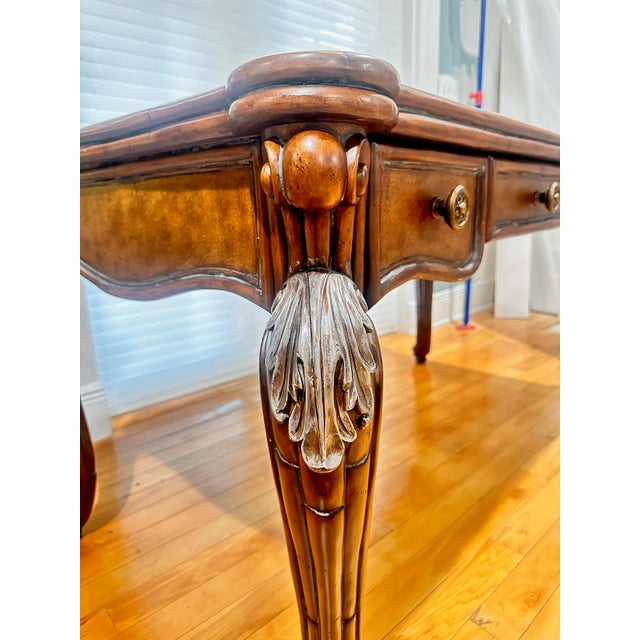 Late 20th Century Late 20th Century Traditional Carved Wood Executive Desk With Leather Top & Marble Inlay For Sale - Image 5 of 11