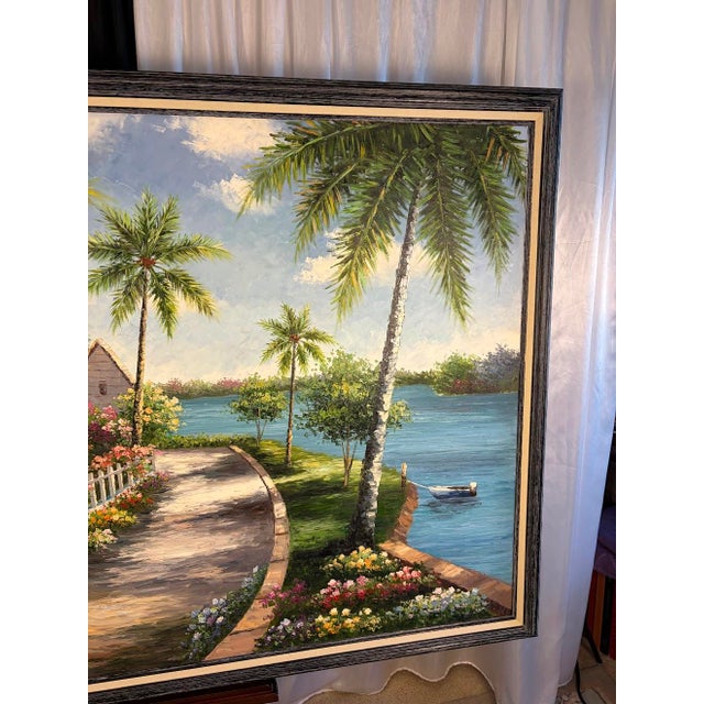 Wood Large Mid-Century Style Coastal Tropical Palm Tree Landscape Oil Painting - Framed Fine Art For Sale - Image 7 of 10