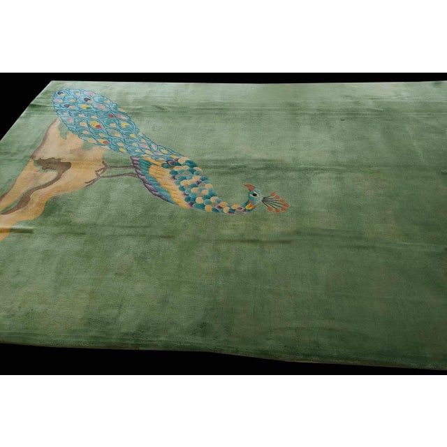 1920s Green Animal Modern Antique Chinese Art Deco Rug 9' X 14' Hand Knotted Pile Wool Carpet For Sale - Image 4 of 5
