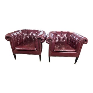 Baker Furniture Company Chesterfield Burgundy Leather Club Chairs - a Pair - Vintage Mid 20th Century For Sale