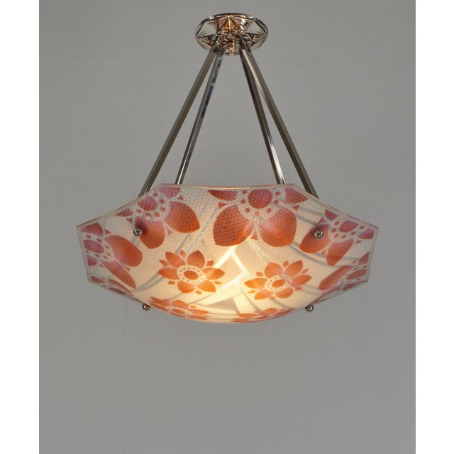 Art Deco Loys Lucha French Art Deco Pendant Light 1930s - Octagonal Coral Ice Glass Shade For Sale - Image 3 of 14