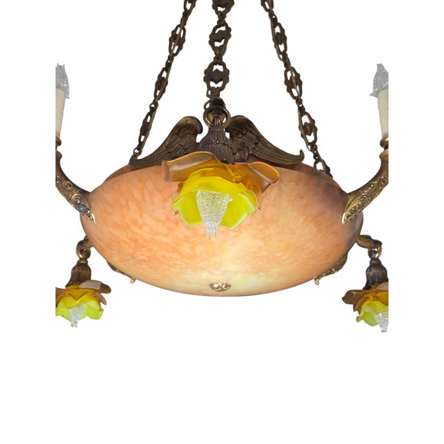Antique Neoclassical Amber /Honey Alabaster, Gilt Bronze Chandelier W-Griffin Mounts For Sale - Image 9 of 18