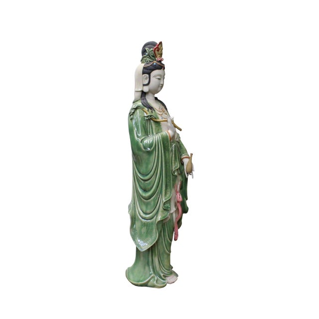 Chinese Handmade Ceramic Standing Bottle Holding Kwan Yin Statue Chairish