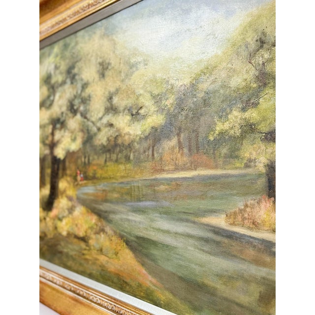 Vintage Oil Painting Landscape Father Son Fishing River Impressionist on Canvas For Sale - Image 14 of 15