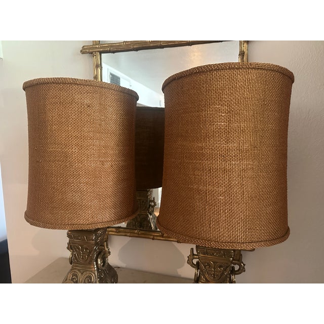 Vintage Brass Urn Table Lamps With Elaborate Asian-Inspired Relief - Pair For Sale - Image 10 of 11