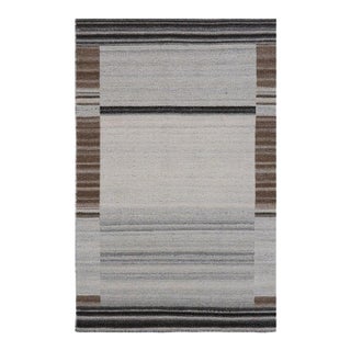 4x6 Gray Handwoven Wool Viscose Framed Linear Texture Geometric Carpet Rug For Sale