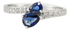 Two Stone Pear Cut Sapphire & Diamond Bypass Ring in 14k Solid Gold Size 7