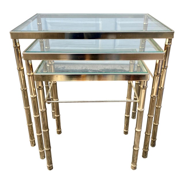 Late 20th Century Faux Bamboo Chinoiserie Brass Nesting Tables – Set of Three For Sale