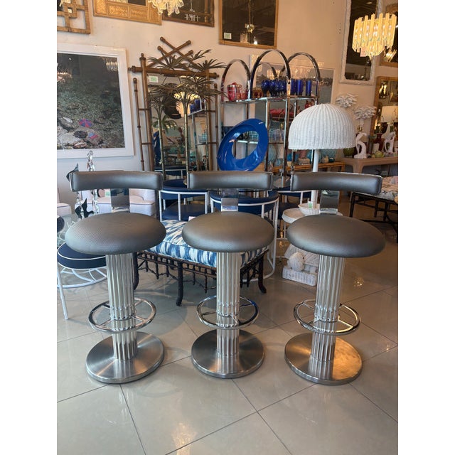 Design for Leisure LTD Set of 3 Bar Stools Fluted Chrome Steel Swivel For Sale - Image 12 of 12