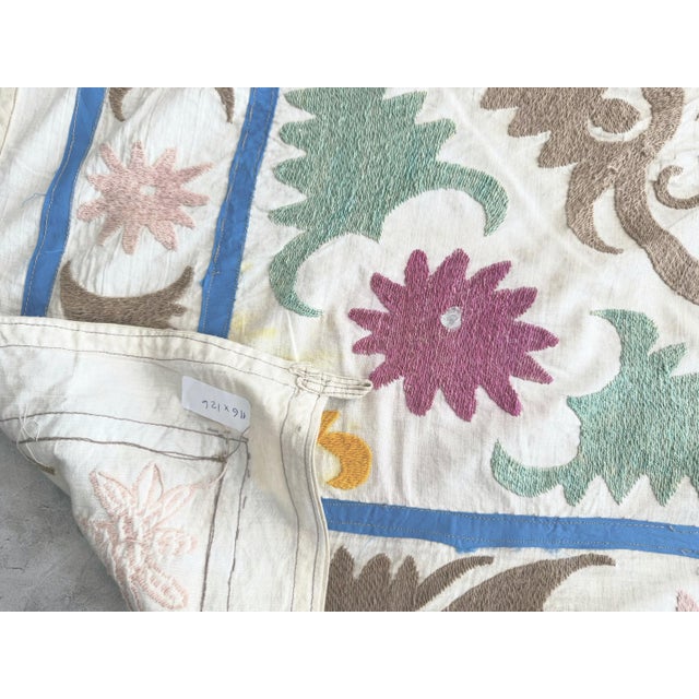Tan Hand-Embroidered Neutral Tan Suzani Tapestry, 3'10'' X 4'2'' For Sale - Image 8 of 8