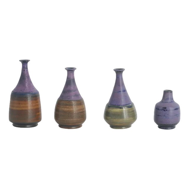Small Mid-Century Scandinavian Modern Collectible Brown & Purple Stoneware Vases by Gunnar Borg for Gunnars Keramik Höganäs, 1960s, Set of 4 For Sale