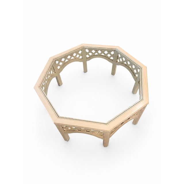 Hollywood Regency Vintage Broyhill Natural Wood Octagonal Lattice Glass Top Regency Coffee Table For Sale - Image 3 of 10