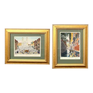 Late 20th Century Pair of Artist Signed Hand Colored Etchings - Venice & Rome, Framed