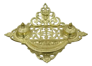 Vintage Renaissance Victorian Style Brass Lion Head Double Pen Desk Inkwell