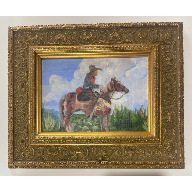 2020s Pair of Small Western Cowboy & Horse Paintings in Ornate Gold Wood Frames - Unsigned Unknown Artist For Sale - Image 5 of 7