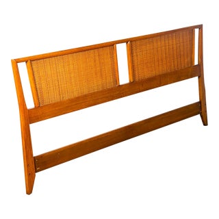 1960s Vintage Mid Century Modern King Size Cane and Walnut Headboard For Sale