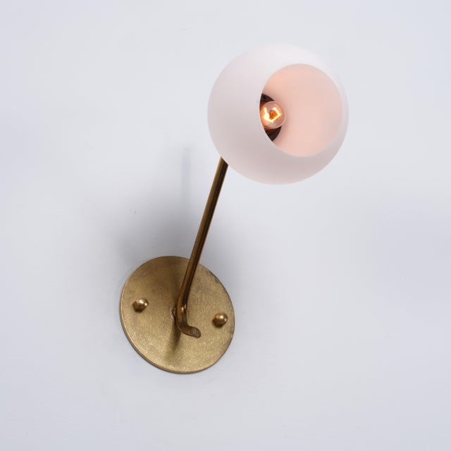 1950s Italian Sculptural Brass Wall Sconces with Opaline Globe Shades, 1950s, Set of 3 For Sale - Image 5 of 12