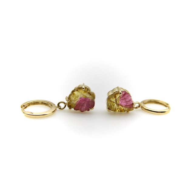 2010s 14k Gold Hand-Carved Watermelon Tourmaline Leaf Huggie Earrings, A Pair For Sale - Image 5 of 8