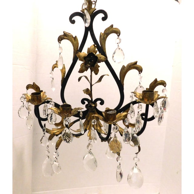 1930s Black and Gold Gilt Metal Floral Wall Sconce, Teardrop Crystals, Candleholders For Sale - Image 5 of 14