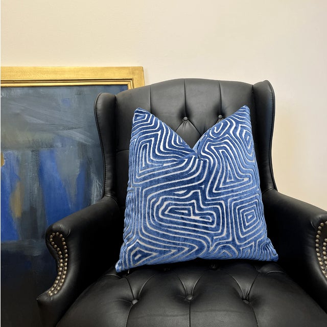 Not Yet Made - Made To Order Cobalt Blue Maze Velvet Throw Pillow With Feather Down Insert For Sale - Image 5 of 5