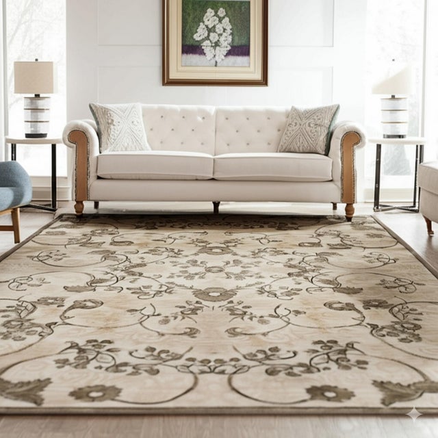 Indian 9x12 Elena Ophelia Ivory Traditional Floral Hand Knotted Afghan Wool Carpet Rug For Sale - Image 3 of 7
