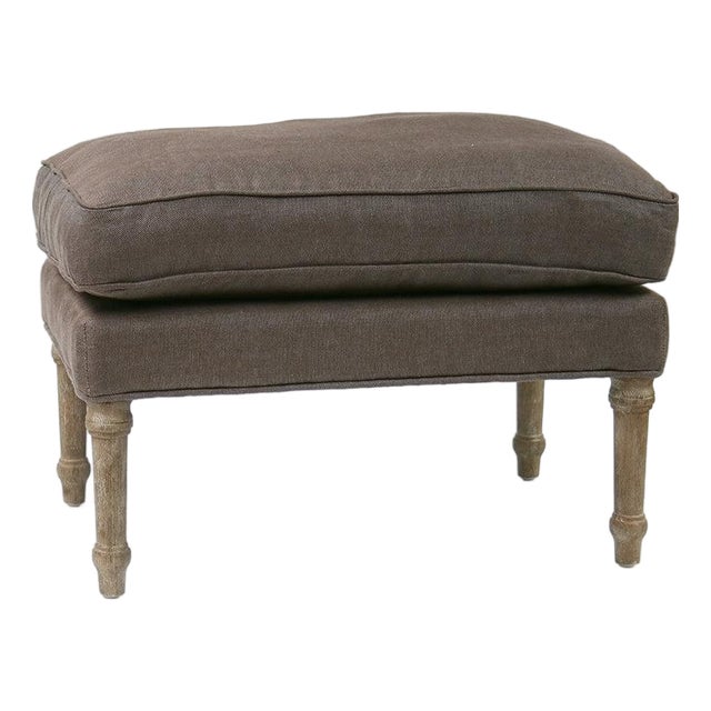 Louis Cushion Ottoman - Eggplant Brown Linen / Limed Gray Oak Frame For Sale