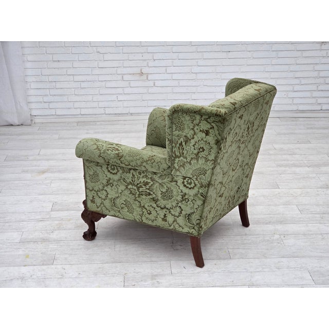 Danish Armchair in Green Velour and Carved Oak, 1950s For Sale - Image 12 of 18