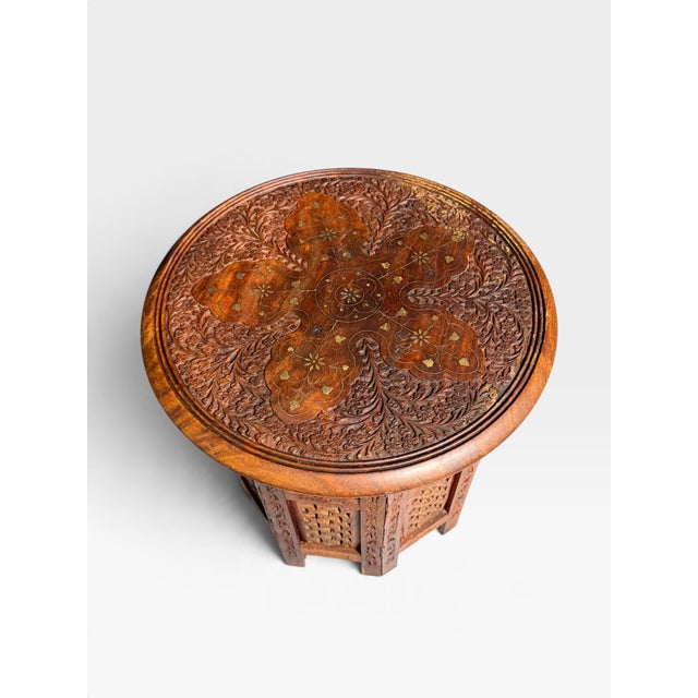 Rustic Small Hand Carved Anglo Indian Hoshiarpur Folding Table, 1950 For Sale - Image 3 of 6