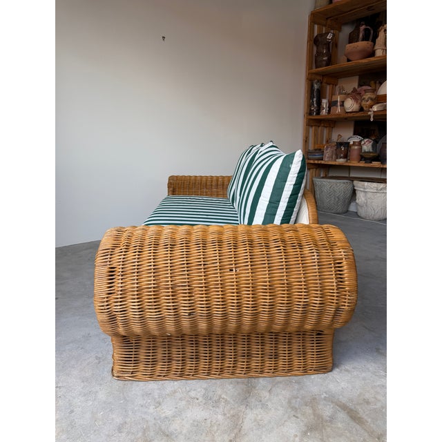 1970s Vintage Coastal Organic - Rattan Sofa With Rolled Arms & Striped Cushions For Sale - Image 11 of 18