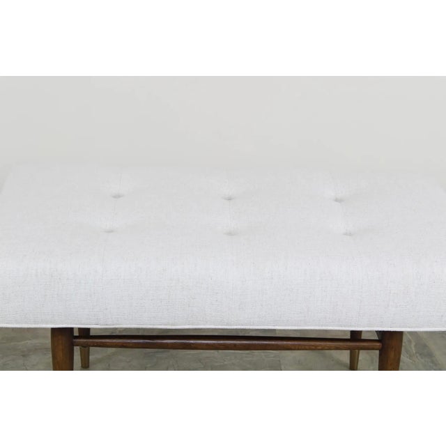 Cream Mid-Century Modern Walnut & Chenille Ottoman For Sale - Image 8 of 9