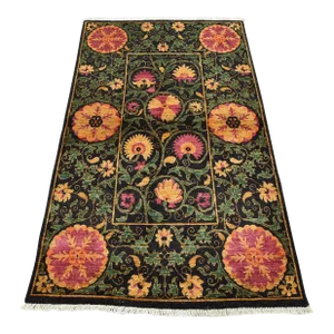 Suzani Rug 4'2'' X 6'5'' Black Wool Traditional Hand-Knotted Oriental Carpet