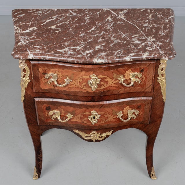 Wood French Louis XV Style Marble Top Marquetry Commode For Sale - Image 7 of 13