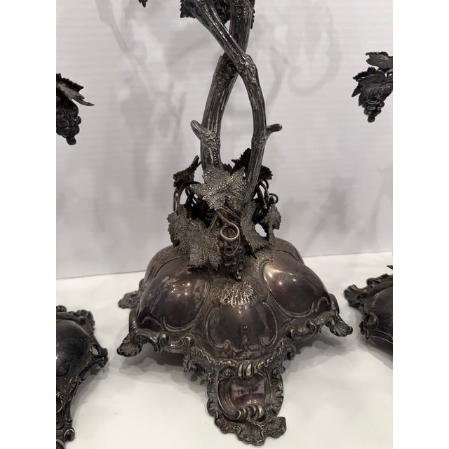 Late 19th Century Thomas Bradbury & Sons Antique Victorian Rococo Revival 3-Piece Candelabra Set - Ornate Grape Vine & Leaf Motif Centerpiece, Late 19th Century For Sale - Image 5 of 6