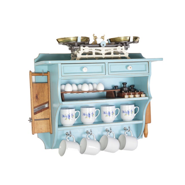 Country Kitchen Shelf in Light Blue Spruce, Former Czechoslovakia, 1920s, Set of 14 For Sale