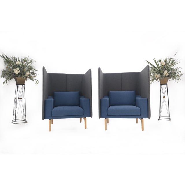 Mid Century Modern Wingback Lounge Chairs Blue Grey Wool Upholstery - A Pair For Sale - Image 12 of 12